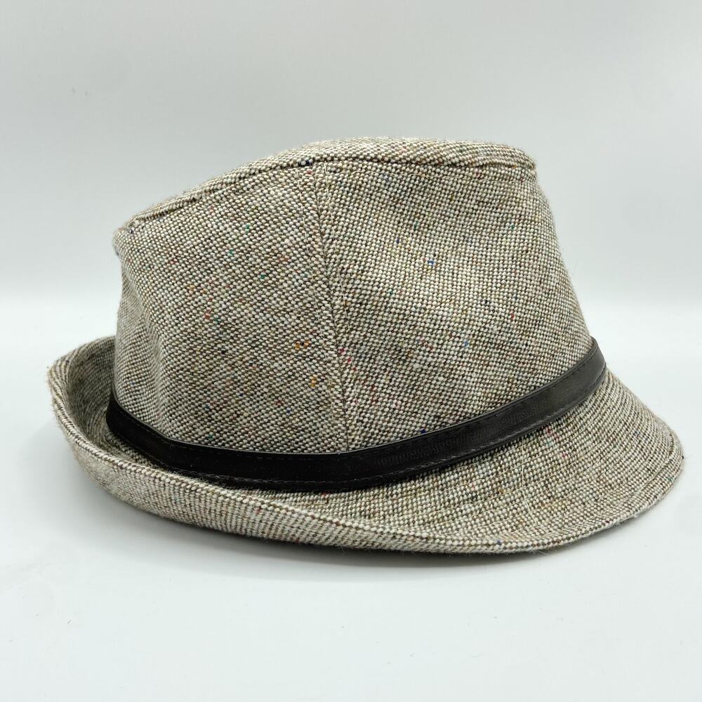 Tweed Fedora Hat Light Brown‎ with Faux Leather Skinny Band - Picture 4 of 12